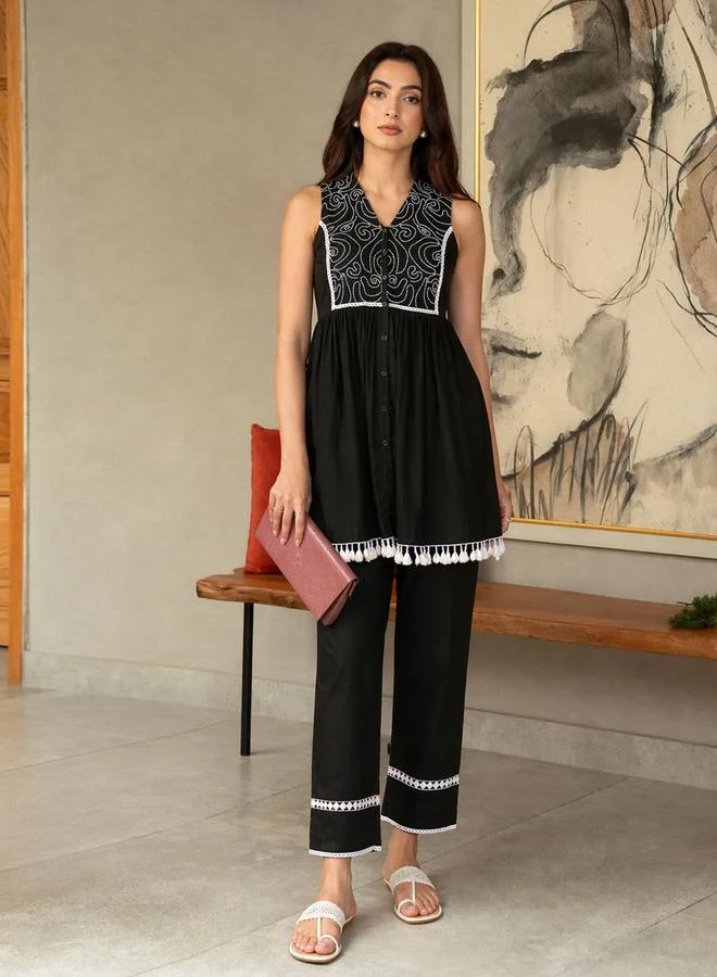 Sassafras Black Embroidered Sleeveless Top and Pencil Pants Set