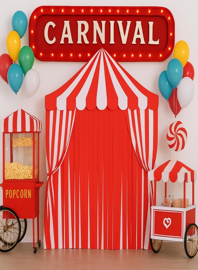 Breling 4-Piece Carnival Circus Decor Backdrop Circus Tent with Canopy Polyester Carnival Red Striped Curtains for Birthday Party Photography Backgrounds and Halloween Decorations (Red and White) - Image 4