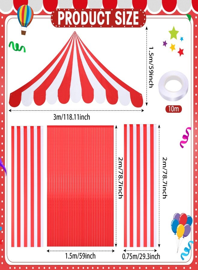 Breling 4-Piece Carnival Circus Decor Backdrop Circus Tent with Canopy Polyester Carnival Red Striped Curtains for Birthday Party Photography Backgrounds and Halloween Decorations (Red and White) - Image 2