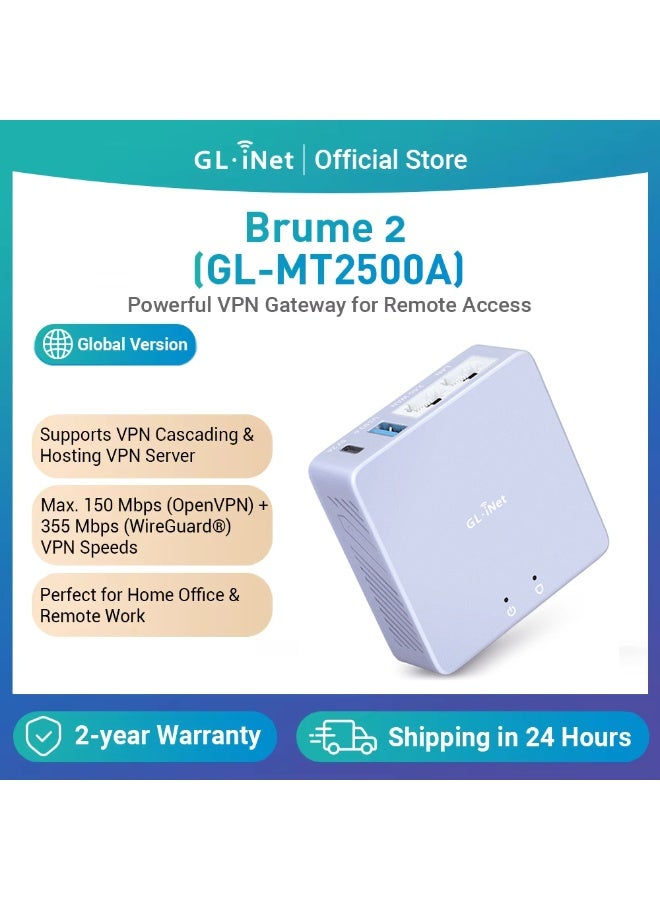GL.iNet GL-MT2500 (Brume 2) Professional Mini VPN Security Gateway, Home Office Remote Work Site-to-Site, WireGuard & OpenVPN Server Client, 24/7 Connection, 2.5G WAN, USB3.0, OpenWrt, NO Wi-Fi, Ethernet Only - Image 1