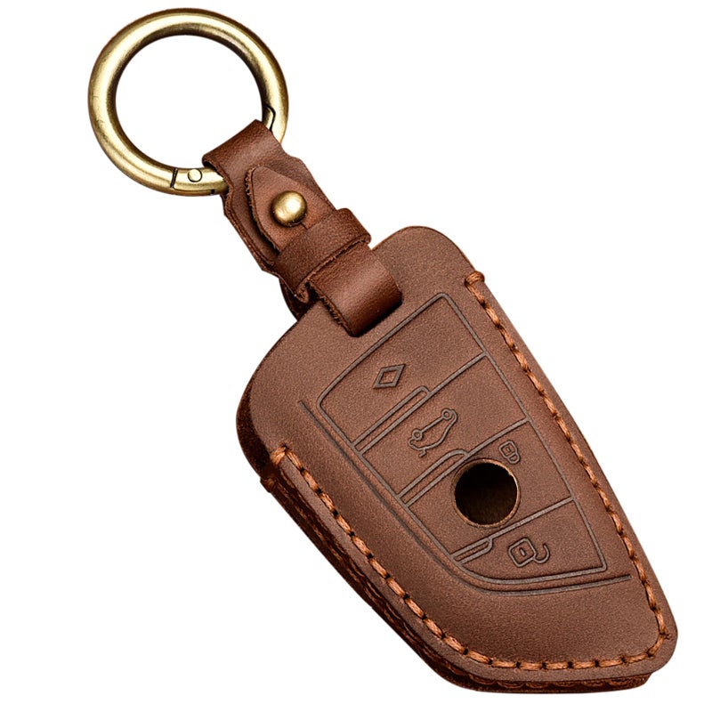OLLEN Genuine Leather No Screws Key Fob Cover Fit for BMW 5 6 7 Series X1 X2 X3 X5 X6 GT Series etc Blade Shape Brown