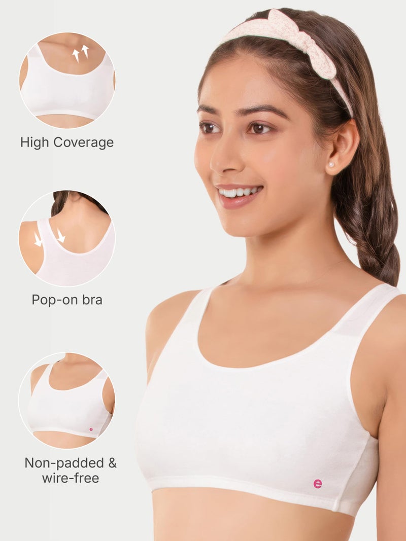 Enamor Women's Wide Strap Stretch Cotton Non-Padded Antimicrobial Beginners Pop-on Wireless Teenager Bra Full Coverage Bra - BB01(BB01-White-S) - Image 3