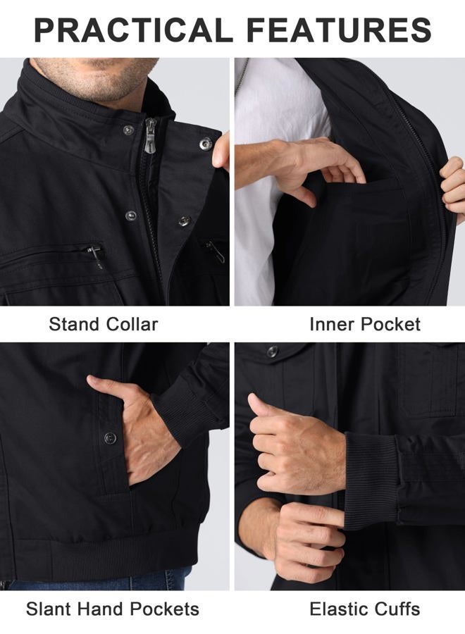 CRYSULLY Men's Cotton Military Jacket Lightweight Casual Windbreaker Stand Collar Bomber Jackets Coat with Multi Pockets, 89# Black, XL - Image 5