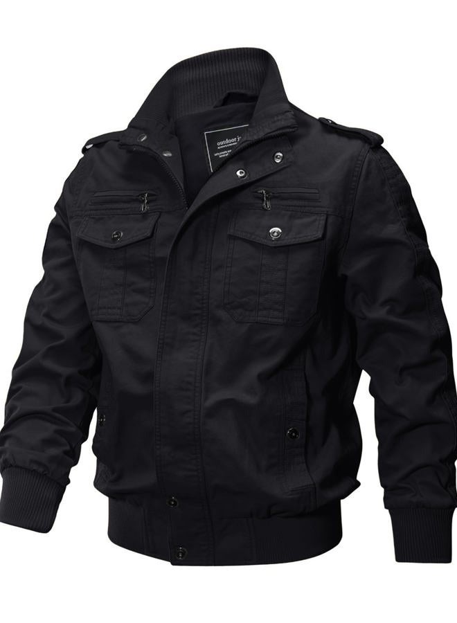 CRYSULLY Men's Cotton Military Jacket Lightweight Casual Windbreaker Stand Collar Bomber Jackets Coat with Multi Pockets, 89# Black, XL - Image 4