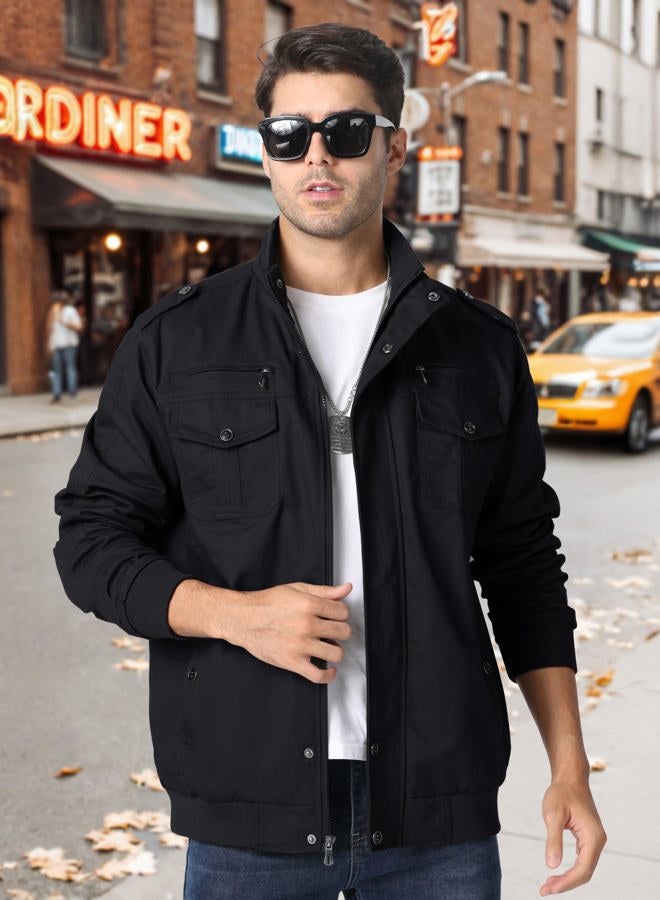 CRYSULLY Men's Cotton Military Jacket Lightweight Casual Windbreaker Stand Collar Bomber Jackets Coat with Multi Pockets, 89# Black, XL - Image 2