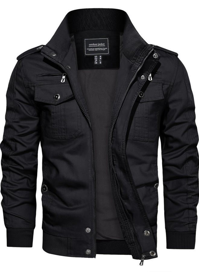 CRYSULLY Men's Cotton Military Jacket Lightweight Casual Windbreaker Stand Collar Bomber Jackets Coat with Multi Pockets, 89# Black, XL - Image 1