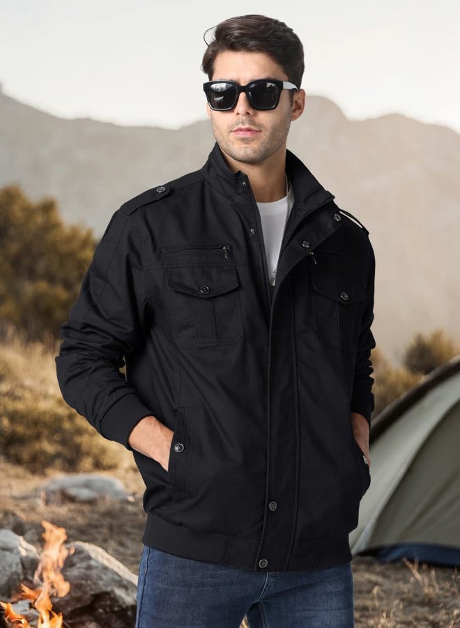 CRYSULLY Men's Cotton Military Jacket Lightweight Casual Windbreaker Stand Collar Bomber Jackets Coat with Multi Pockets, 89# Black, XL - Image 3