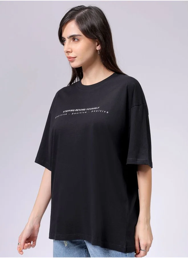 Freehand Women Regular Fit Typographic Oversized T-Shirt