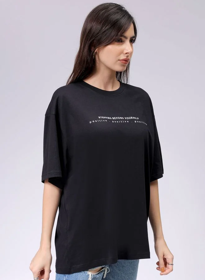 Freehand Women Regular Fit Typographic Oversized T-Shirt
