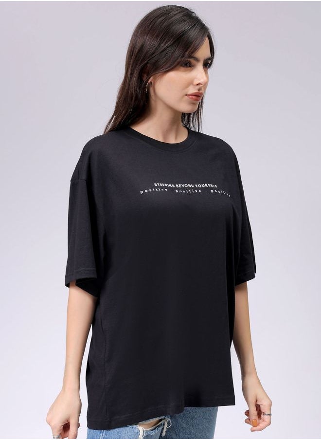 Freehand Women Regular Fit Typographic Oversized T-Shirt  - Image 3