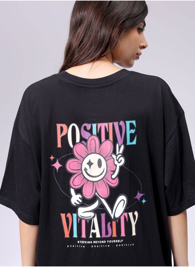 Freehand Women Regular Fit Typographic Oversized T-Shirt  - Image 1