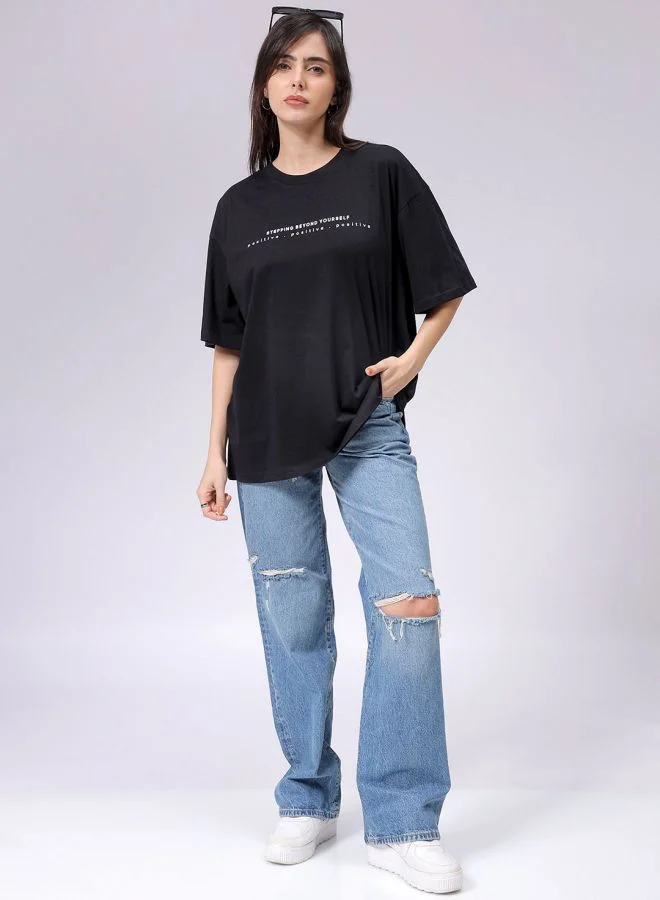 Freehand Women Regular Fit Typographic Oversized T-Shirt