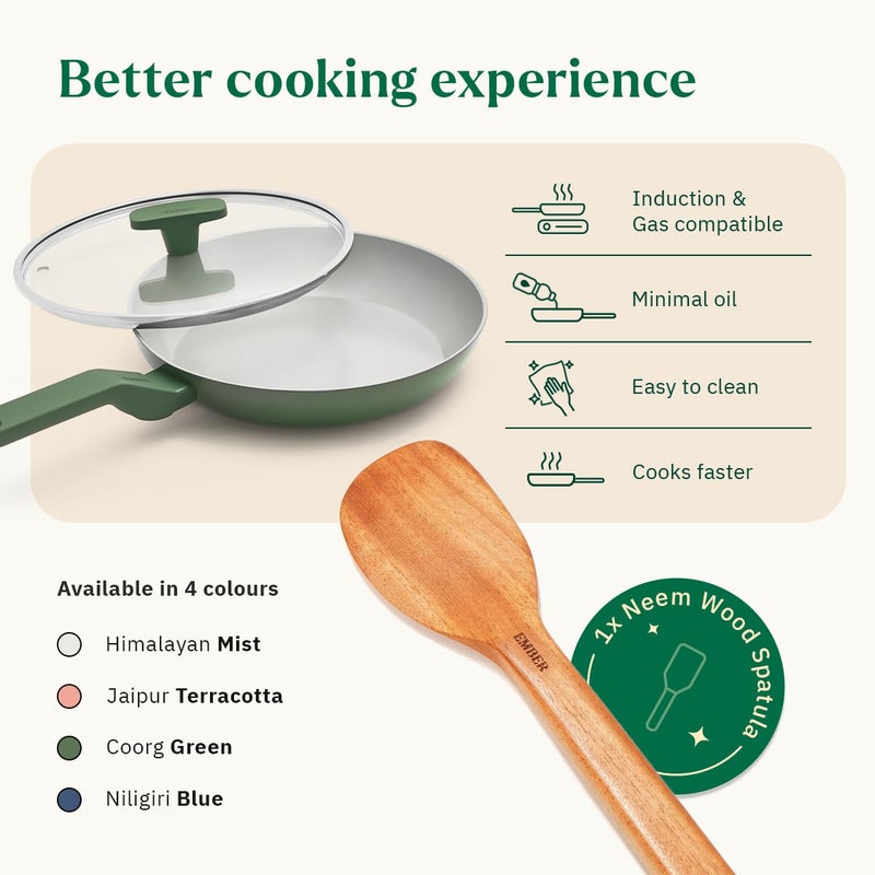 Ember Cookware مقلاة سيراميك أركيلا 24 سم | أدوات طهي غير لاصقة | مقلاة غير سامة مع غطاء زجاجي | معتمدة من ISI | مقلاة سيراميك للطهي | 1x ملعقة مسطحة | خالية من PFAS و PTFE | آمنة للاستخدام على الموقد الحثي | خضراء - Image 3