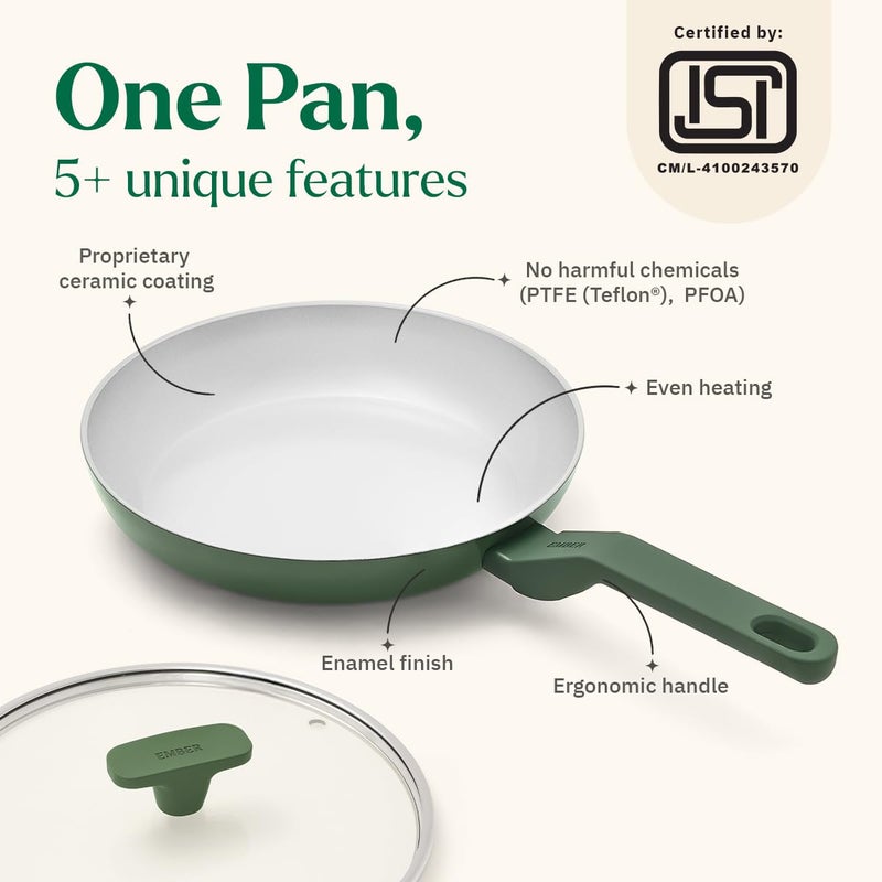 Ember Cookware مقلاة سيراميك أركيلا 24 سم | أدوات طهي غير لاصقة | مقلاة غير سامة مع غطاء زجاجي | معتمدة من ISI | مقلاة سيراميك للطهي | 1x ملعقة مسطحة | خالية من PFAS و PTFE | آمنة للاستخدام على الموقد الحثي | خضراء - Image 2