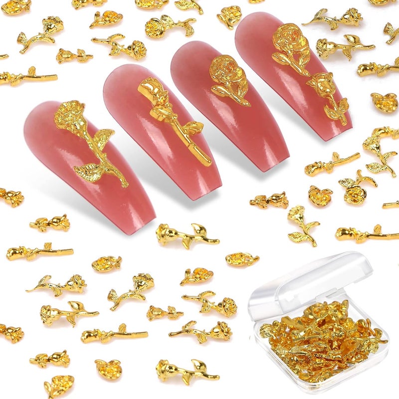 50 pcs 3D Gold Silver Rose Nail Charms, Flowers Rose Golden Metallic Mini Alloy Nail Art Decals DIY Nail Accessories Studs for Women Girls Salon Nail Manicure Craft Jewelry Making with Box