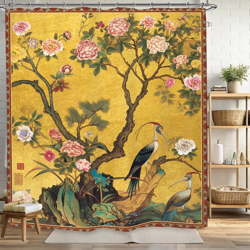 Yookeb Vintage Flower Floral Bathroom Shower Curtain 60W by 71H Inch Retro Crane Tree Chinese Botanical Art Polyester Fabric 12 Plastic Hooks Waterproof Decor - Image 5