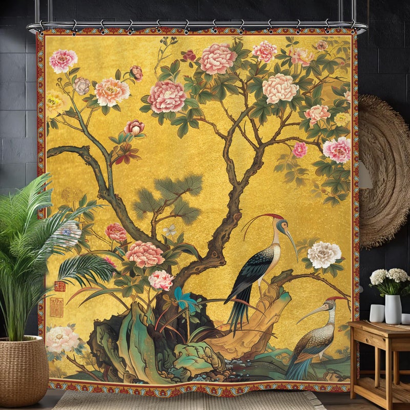 Yookeb Vintage Flower Floral Bathroom Shower Curtain 60W by 71H Inch Retro Crane Tree Chinese Botanical Art Polyester Fabric 12 Plastic Hooks Waterproof Decor - Image 4