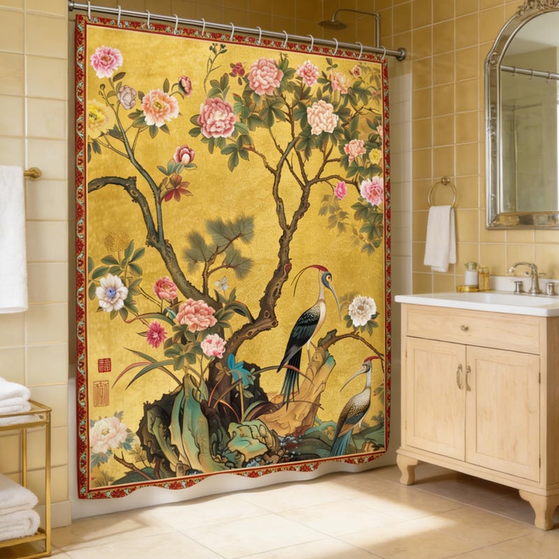 Yookeb Vintage Flower Floral Bathroom Shower Curtain 60W by 71H Inch Retro Crane Tree Chinese Botanical Art Polyester Fabric 12 Plastic Hooks Waterproof Decor - Image 2