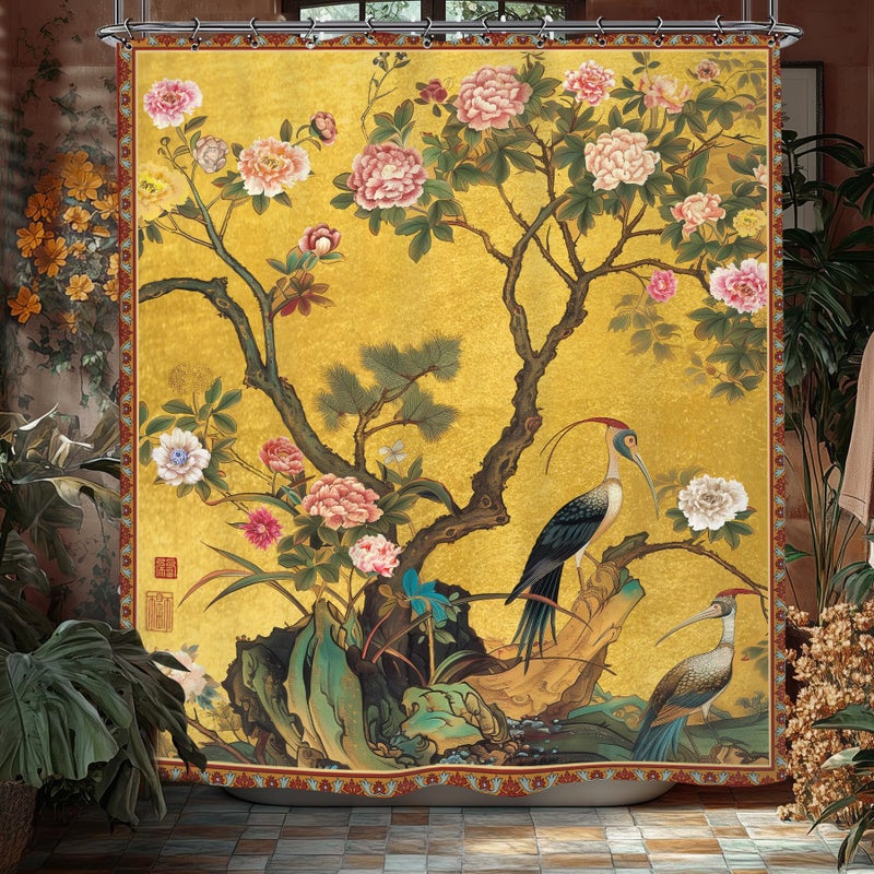 Yookeb Vintage Flower Floral Bathroom Shower Curtain 60W by 71H Inch Retro Crane Tree Chinese Botanical Art Polyester Fabric 12 Plastic Hooks Waterproof Decor - Image 3