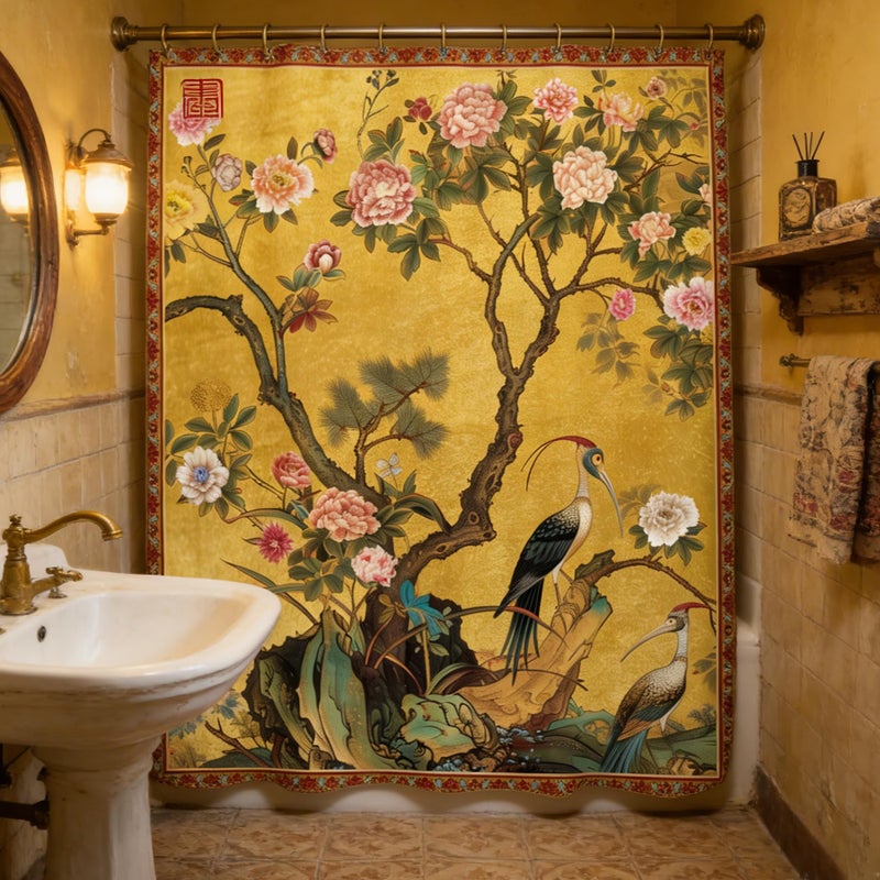 Yookeb Vintage Flower Floral Bathroom Shower Curtain 60W by 71H Inch Retro Crane Tree Chinese Botanical Art Polyester Fabric 12 Plastic Hooks Waterproof Decor - Image 1