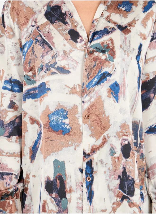 Styli Oversized Abstract Print Collared Long Sleeve Shirt