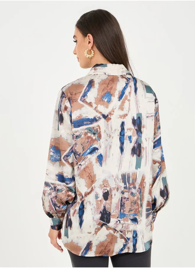 Styli Oversized Abstract Print Collared Long Sleeve Shirt