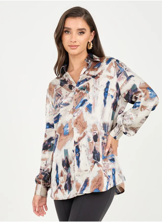Styli Oversized Abstract Print Collared Long Sleeve Shirt