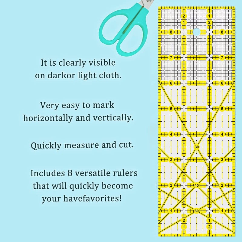 BSGOGO Quilting Rulers, 7 Piece Acrylic Ruler, Fabric Cutting Ruler (12.5"X12.5", 9.5"X9.5", 6"X6", 4.5"X4.5",12"x6.5",9"x3",12"x2"), Sewing & Quilting Templates - Image 4