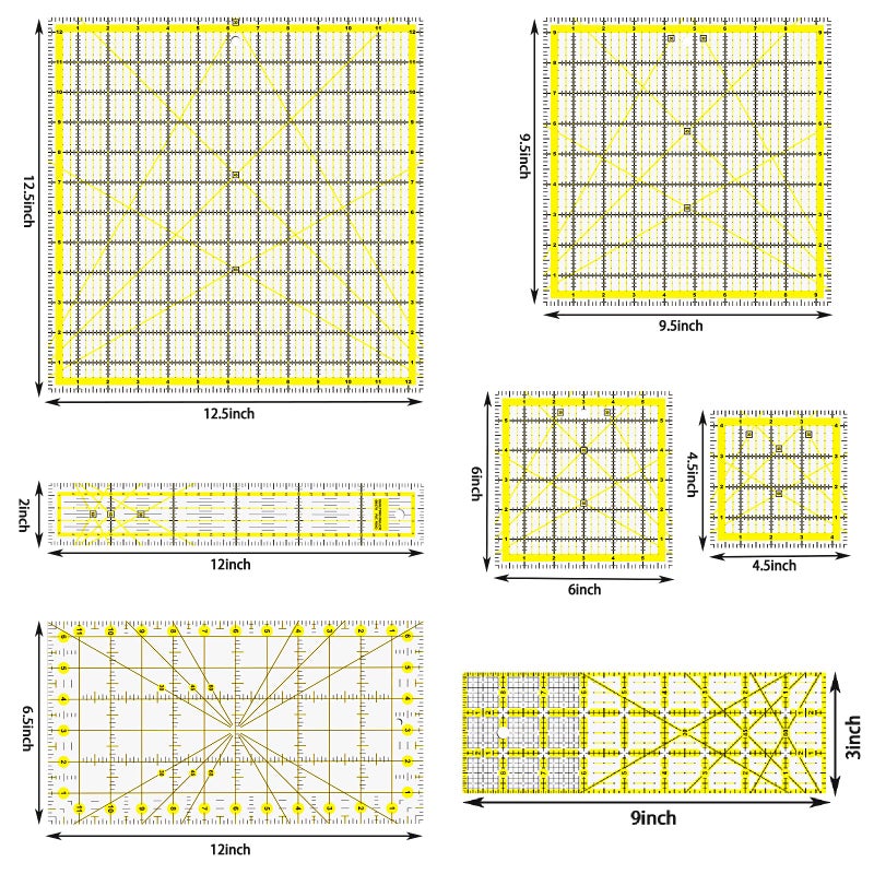 BSGOGO Quilting Rulers, 7 Piece Acrylic Ruler, Fabric Cutting Ruler (12.5"X12.5", 9.5"X9.5", 6"X6", 4.5"X4.5",12"x6.5",9"x3",12"x2"), Sewing & Quilting Templates - Image 2
