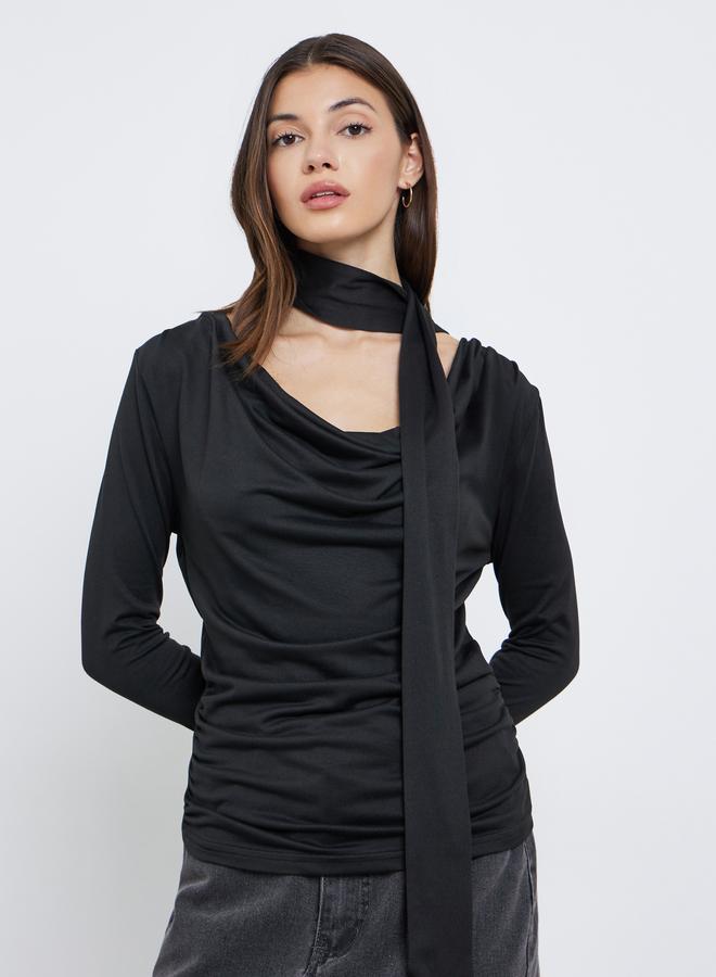 Styli Black Cowl Neck Knit Top with Neck Scarf - Image 1