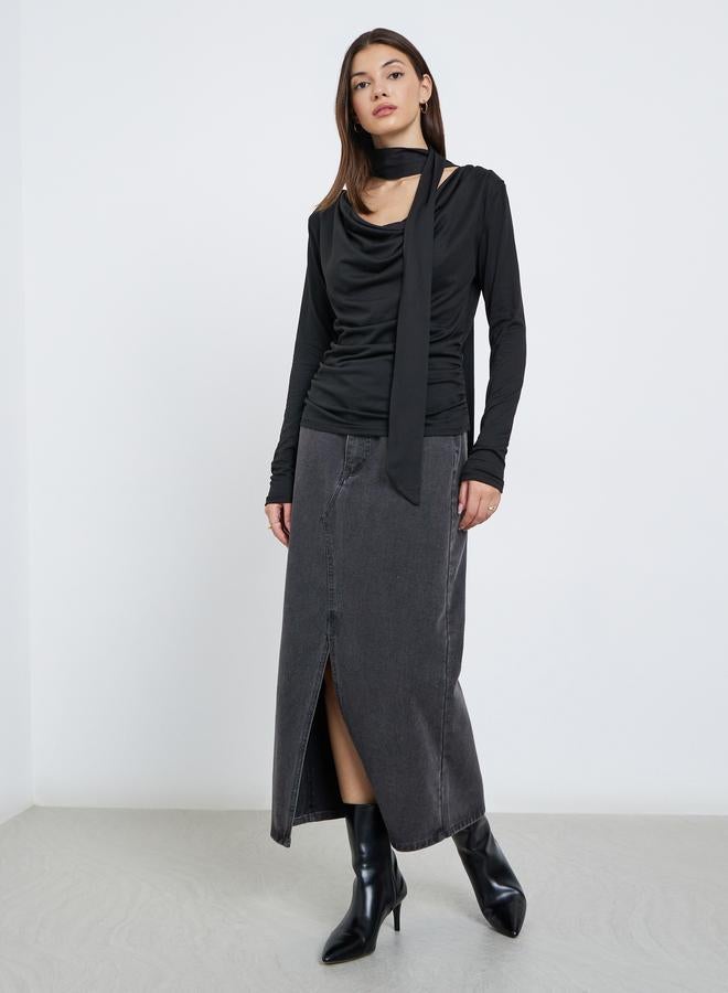 Styli Black Cowl Neck Knit Top with Neck Scarf - Image 2