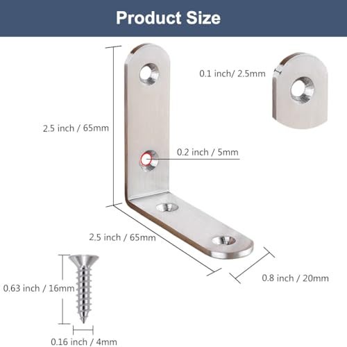 YEWLACA 16Pcs L Bracket Corner Brace 2.5 x 2.5 Inch Stainless Steel Corner Brackets, Heavy Duty 90 Degree Joint Right Angle Shelf Brackets for Shelves Wood Furniture with Screws - Image 2