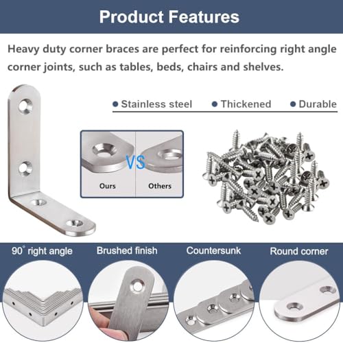 YEWLACA 16Pcs L Bracket Corner Brace 2.5 x 2.5 Inch Stainless Steel Corner Brackets, Heavy Duty 90 Degree Joint Right Angle Shelf Brackets for Shelves Wood Furniture with Screws - Image 3