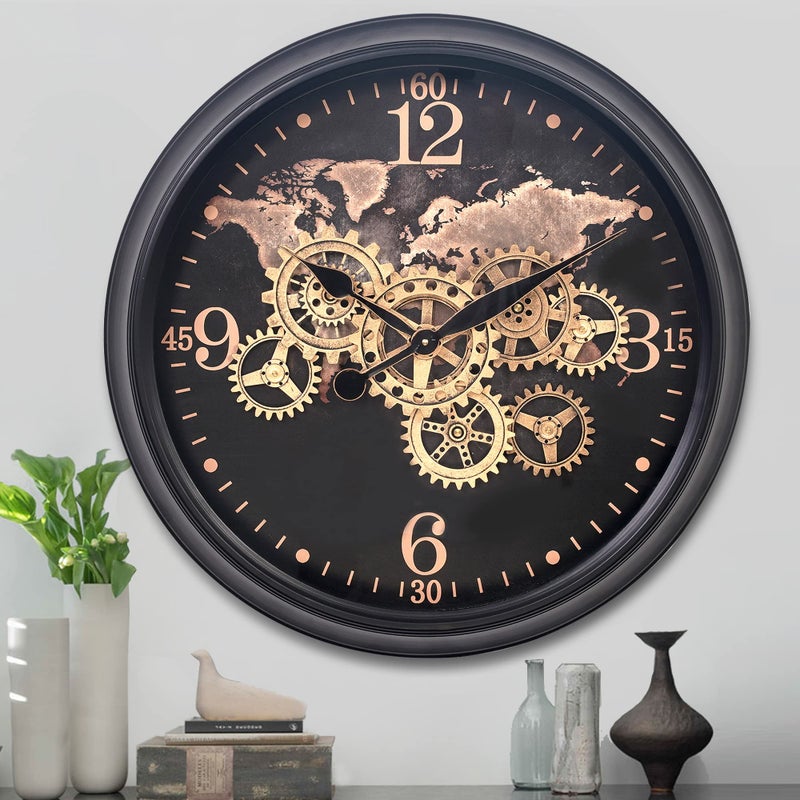 CLXEAST CLXEAST 24 Inch Moving Gear Wall Clock with World Map PatternLarge Black Gold Metal Wall Clock for Modern Farmhouse Living Room DecorReloj De Pared para Sala 