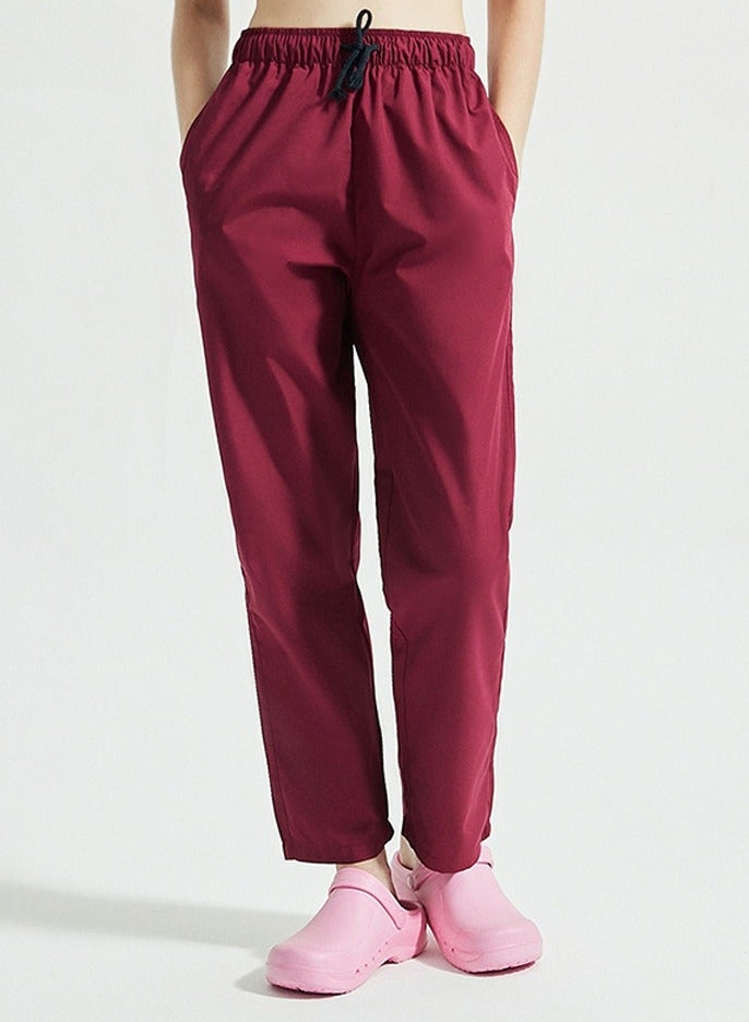 Loquat Medical Uniform Scrubs Pants Unisex Elastic Waist Pants Workwear Wine Red - Image 1