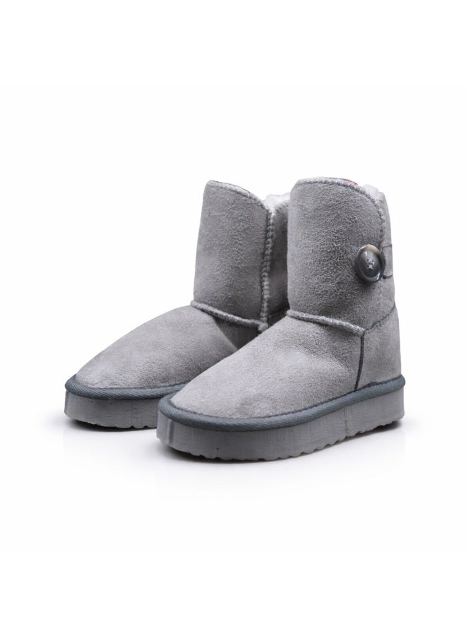 Kids Winter Ankle Boots – Warm Fur Lined Slip-On Boots with Button, Grey