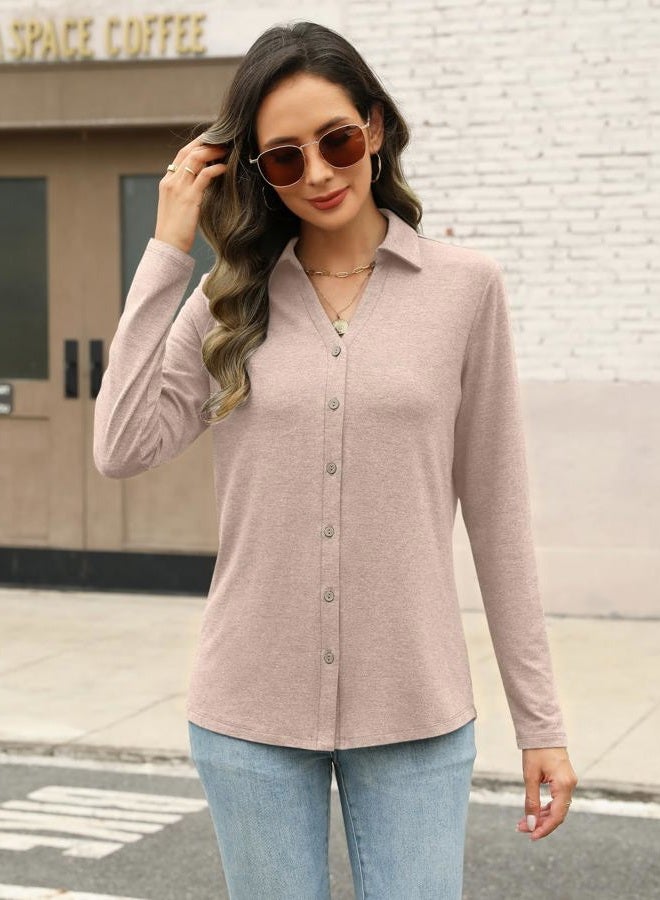 TICTICMISS Womens Long Sleeve Tops Button Down Shirts Dressy Casual Fall Tops Trendy Tunic Tops, Apricot, M - Image 2