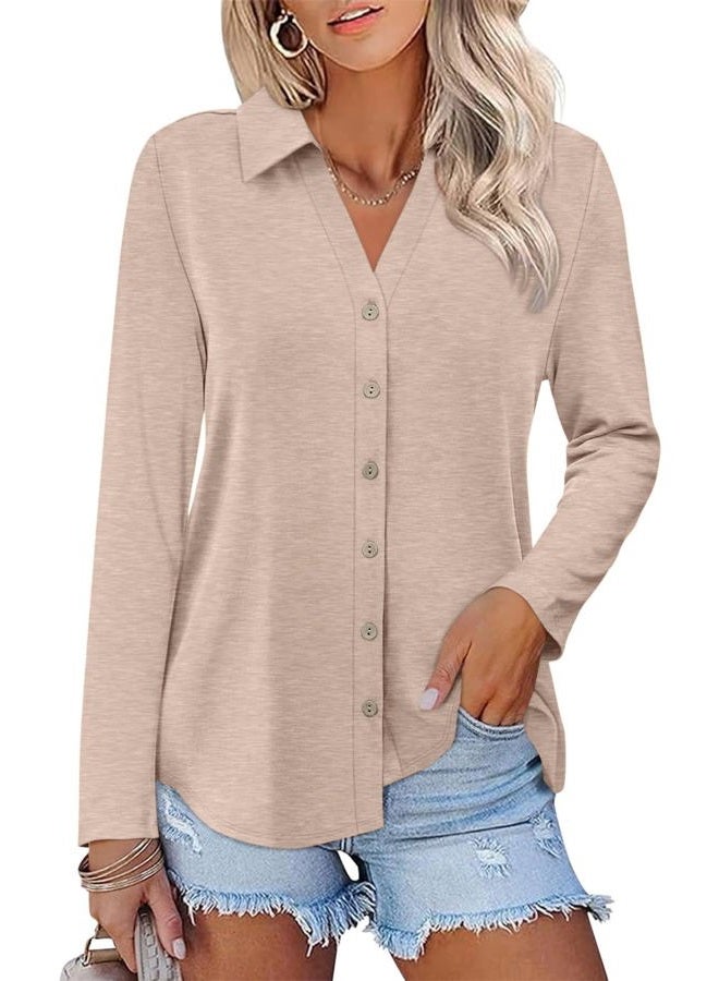 TICTICMISS Womens Long Sleeve Tops Button Down Shirts Dressy Casual Fall Tops Trendy Tunic Tops, Apricot, M - Image 1