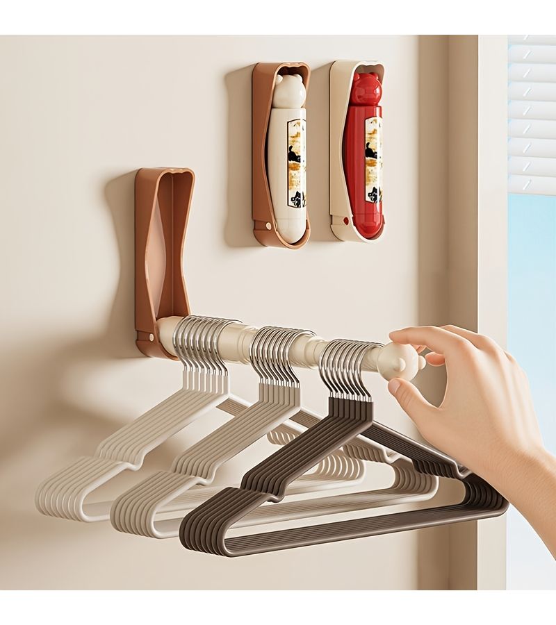 Red Retractable Wall Hanging Clothes Drying Rack Punch Free Household Storage - Image 1