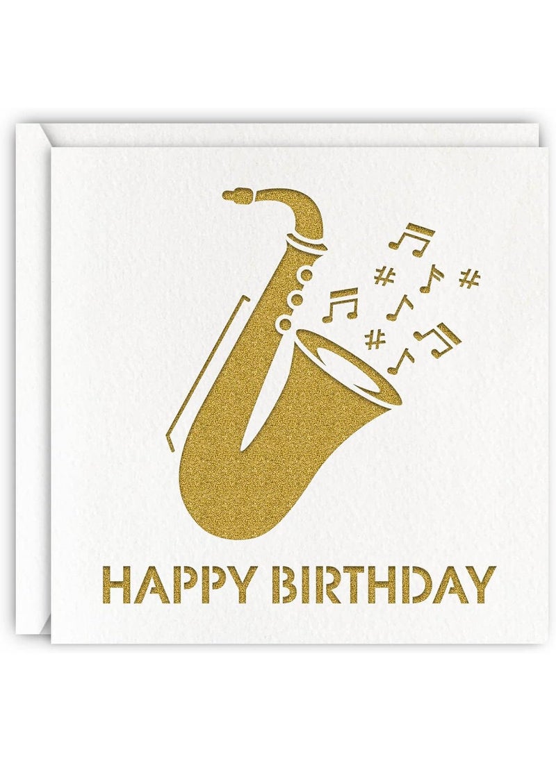 MAGJUCHE MAGJUCHE Saxophone Jazz birthday card gold glitter laser cut musical greeting cards for men women  - Image 1