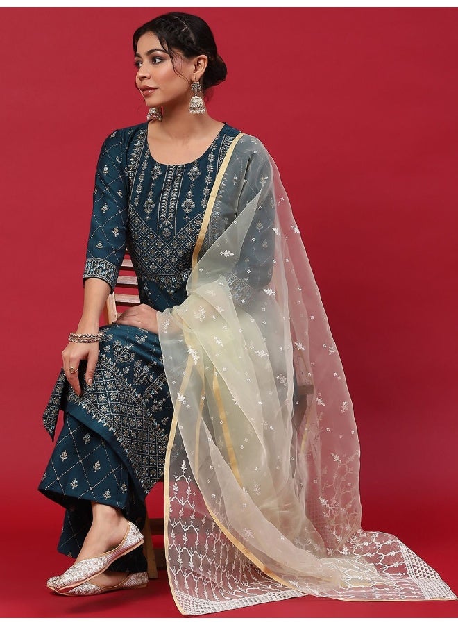 AKS Teal Blue & Gold Printed Kurta & Palazzo With Dupatta Set - Image 1