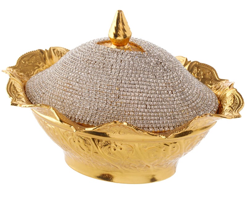 DEMMEX وعاء سكر فاخر مزين ببلورات كريستالية مع غطاء وملعقة - وعاء شوكولاتة أو حلوى تركية - طبق سكر أنيق ذهبي - 6x4 بوصة - سعة 10 أونصة - مصنوع يدويًا في تركيا