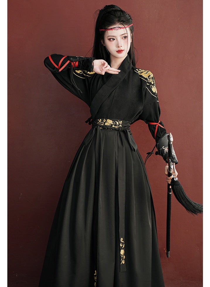 liannaner Women's Traditional Chinese Hanfu Costume,  Black | Gold Embroidery, Long Sleeve Top, Wrap Front Design, Maxi Skirt Included, Cosplay & Dance Wear - Image 4