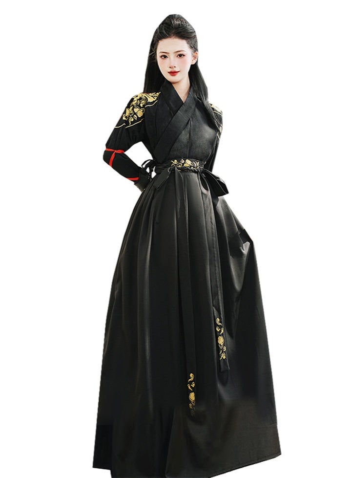 liannaner Women's Traditional Chinese Hanfu Costume,  Black | Gold Embroidery, Long Sleeve Top, Wrap Front Design, Maxi Skirt Included, Cosplay & Dance Wear - Image 3