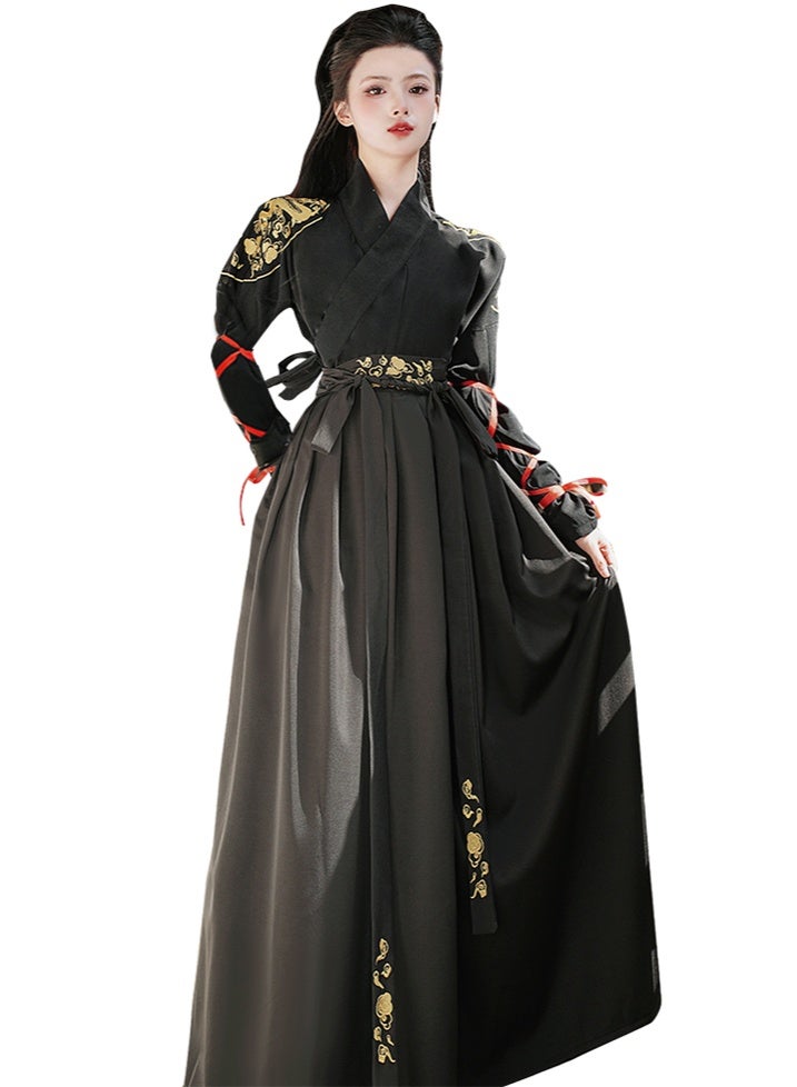 liannaner Women's Traditional Chinese Hanfu Costume,  Black | Gold Embroidery, Long Sleeve Top, Wrap Front Design, Maxi Skirt Included, Cosplay & Dance Wear - Image 1