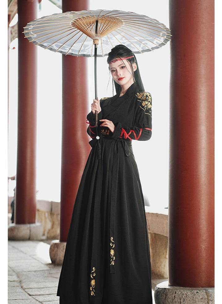 liannaner Women's Traditional Chinese Hanfu Costume,  Black | Gold Embroidery, Long Sleeve Top, Wrap Front Design, Maxi Skirt Included, Cosplay & Dance Wear - Image 5