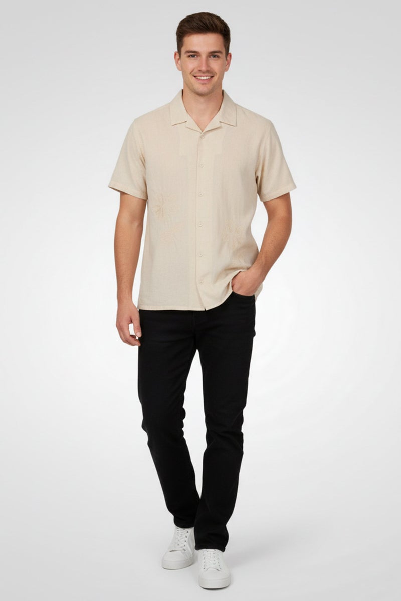 Threadbare Men Regular Fit Short Sleeve Embroidered Casual Shirt, Beige - Image 5