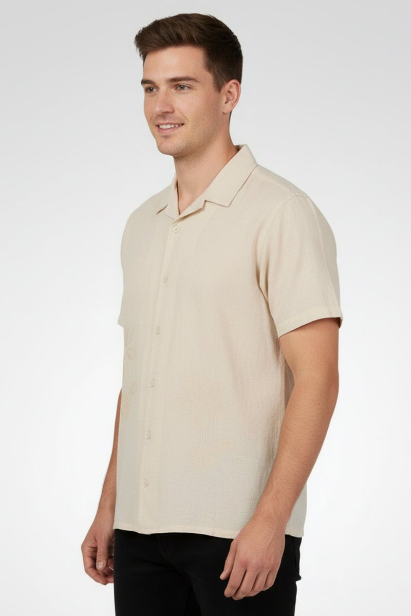 Threadbare Men Regular Fit Short Sleeve Embroidered Casual Shirt, Beige - Image 3