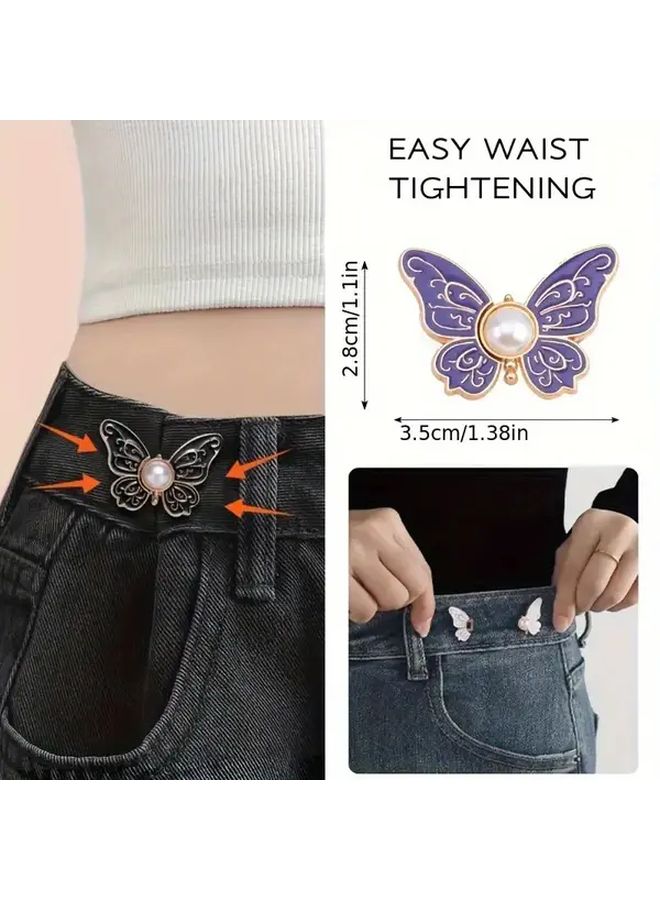 4pcs Pearl Butterfly Waist Buttons White Black Pink Purple Adjustable Detachable No Sew Metal Clips - Image 5