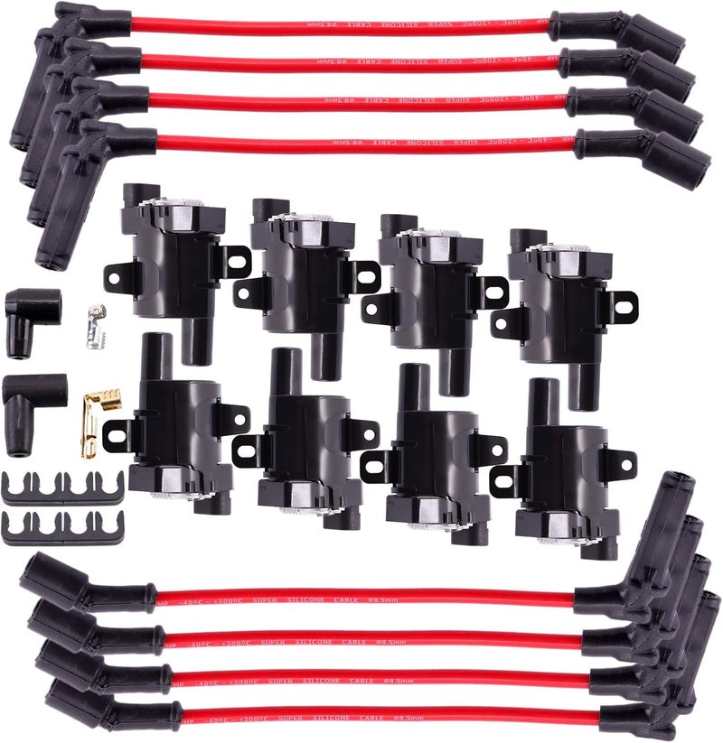 MAS Set of 8 Round Ignition Coils Pack D585 + 748UU with 8mm Spark Plug Wire Set for Chevy Cadillac GMC - Image 1